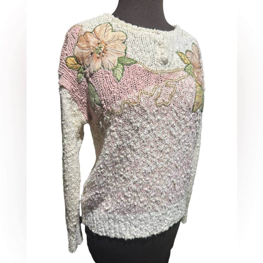 VTG Floral Appliqué Pearl Nubby Sweater Cottagecore Shabby Chic Women S Coquette